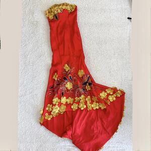 Women’s Strapless Red Mermaid Dress Gold Flowers & Sequin Peacock Feathers - S/M